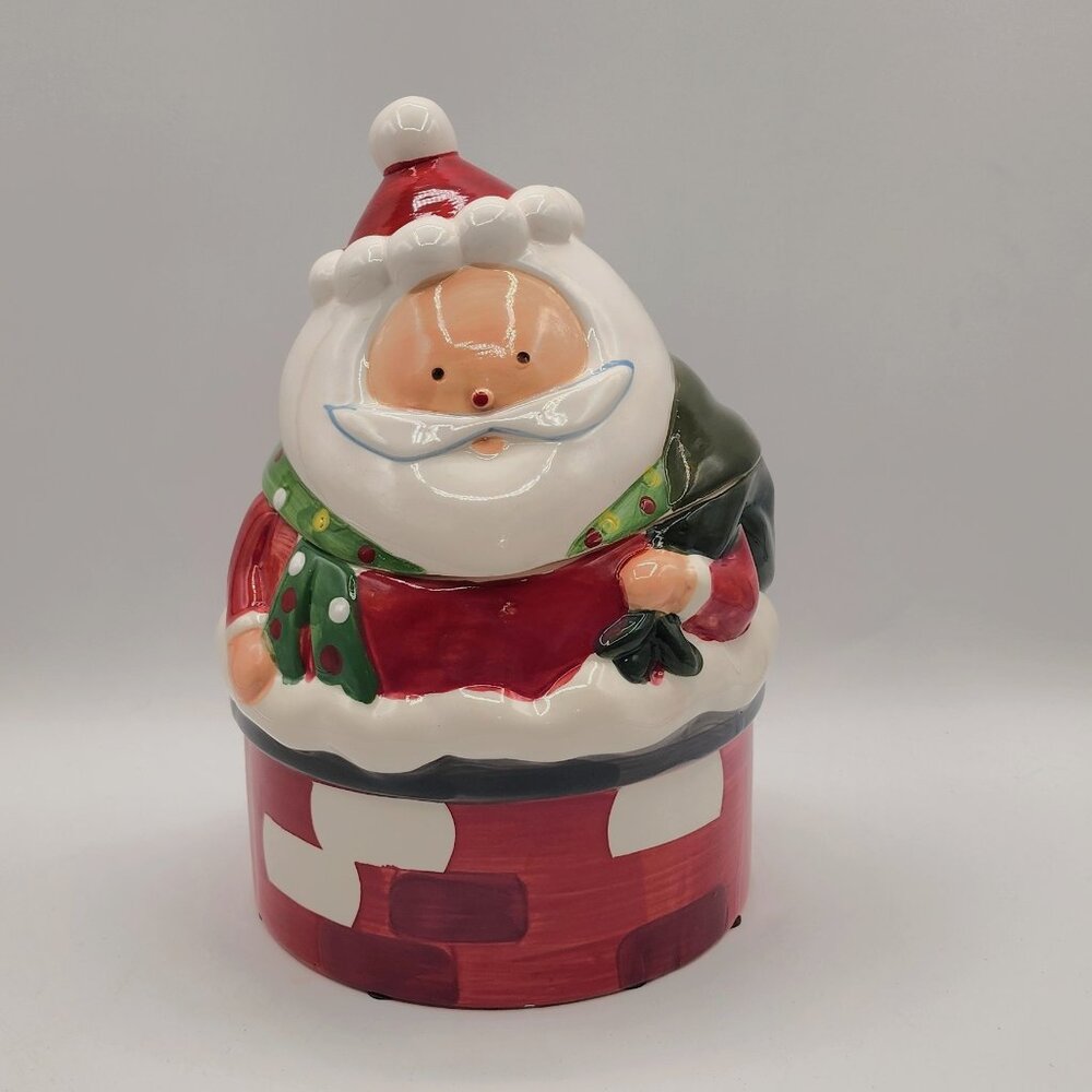 Vintage Christmas Holly Jolly Santa Claus Green Bag Chimney Ceramic Cookie Jar